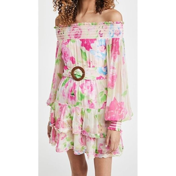 ROCOCO SAND Alora Mini Dress Multi Pink Floral Chiffon Off Shoulder - Picture 1 of 10